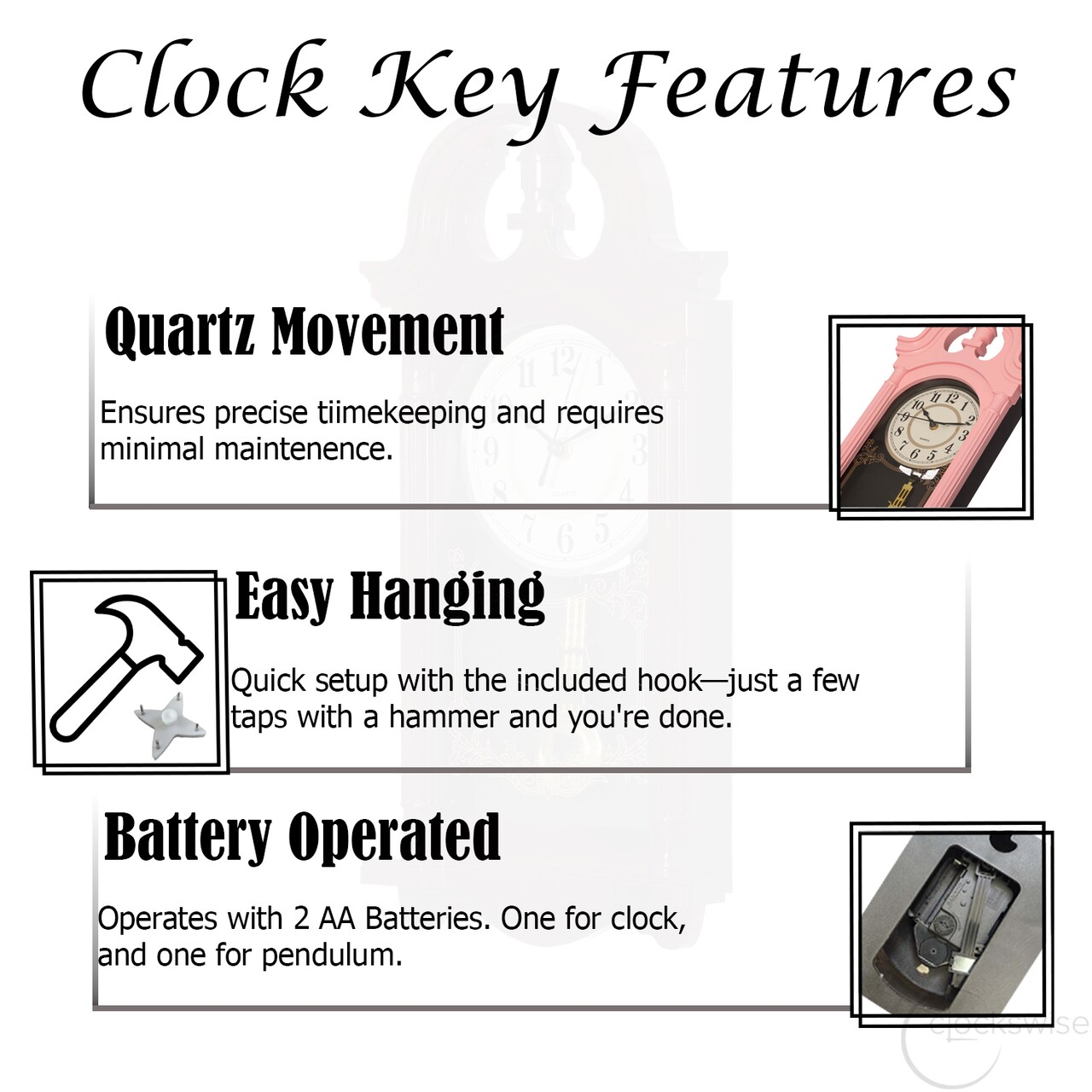 Clockswise Vintage Grandfather Wood-Looking Plastic Pendulum Decorative Battery Operated Wall Clock Brown, for Office, Home Decor, Living Room, Kitchen, or Dining Room